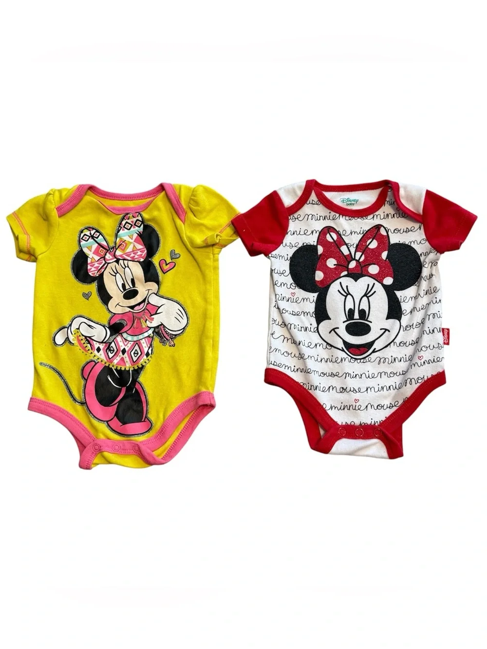 Disney Baby Minnie Mouse Bodysuit Set Newborn 0-3M 2 Pack Yellow Red Outfit
